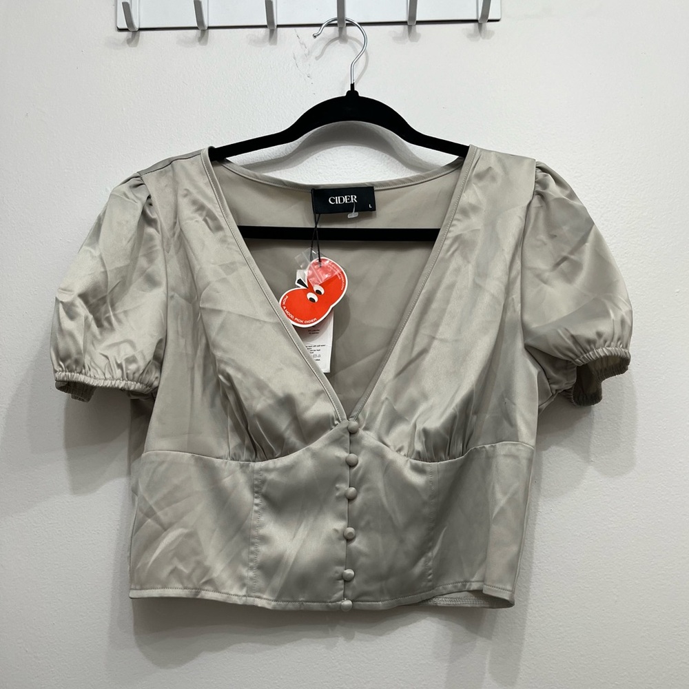 NWT Cider Satin V-Neck Puff Sleeve Crop Top Sz L